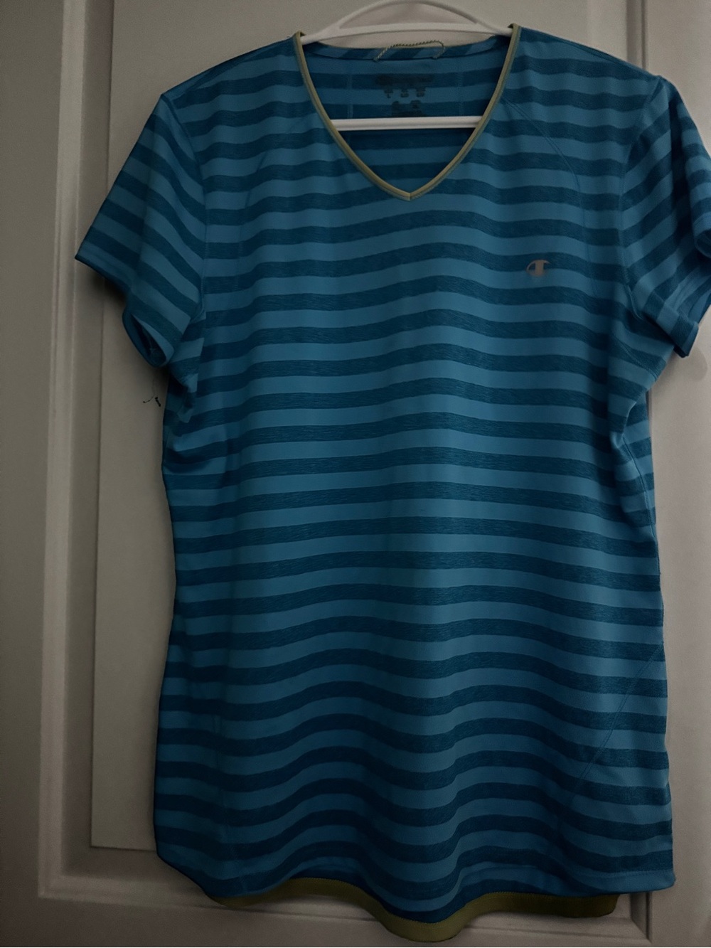 Champion Women’s Teal Striped V‑Neck Short Sleeve Top